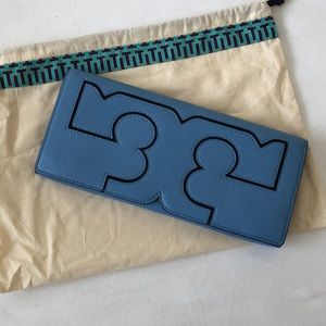 Tory Burch Serif Montego Blue Leather Clutch
